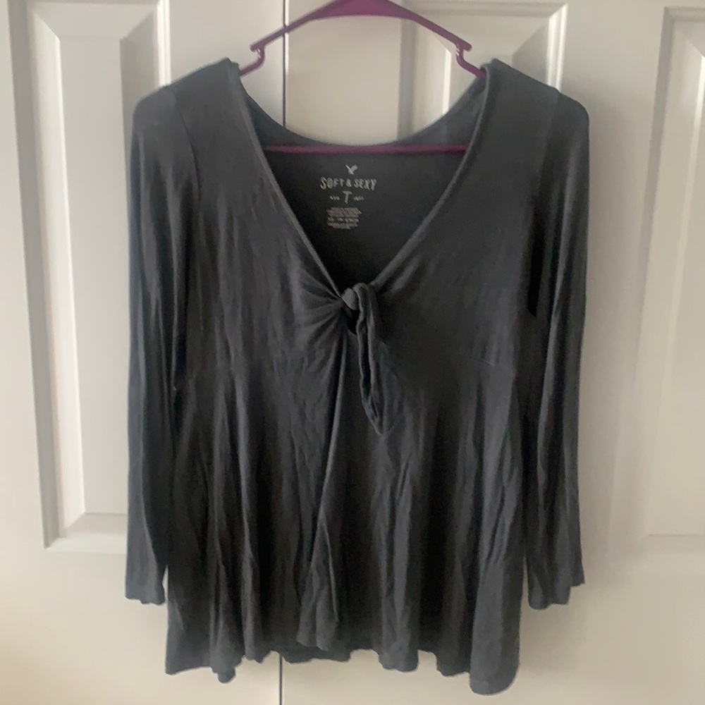 AE Tie Front Knotted Gray 3/4 sleeve